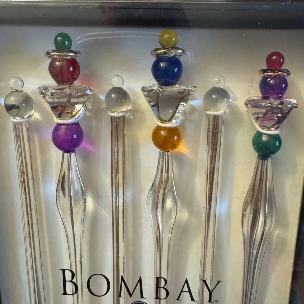 NIB Bombay set of six glass cocktail crown jewel swizzle sticks